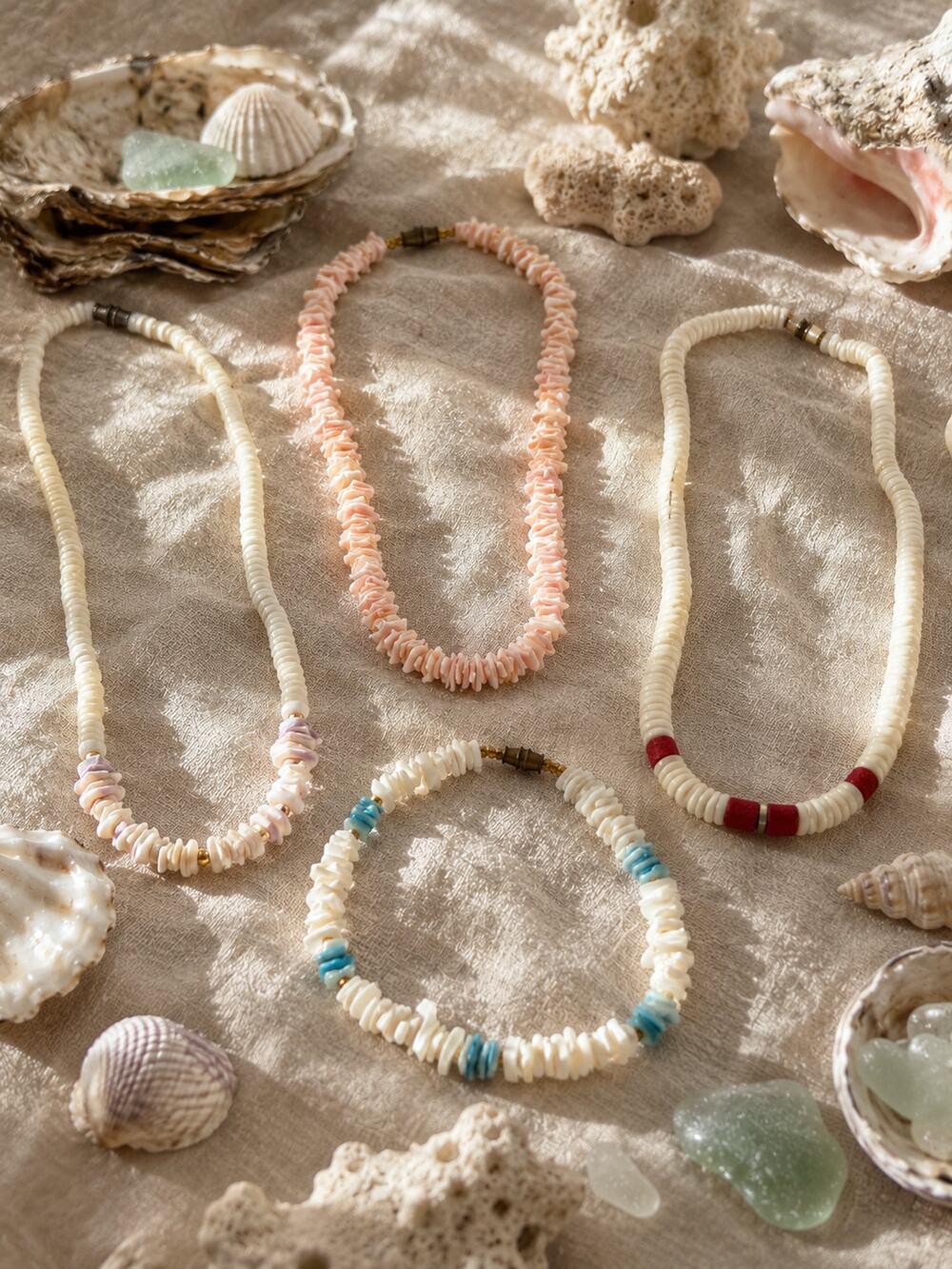 Vintage Shell & Coral Jewelry Lot 3 Necklaces + Anklet